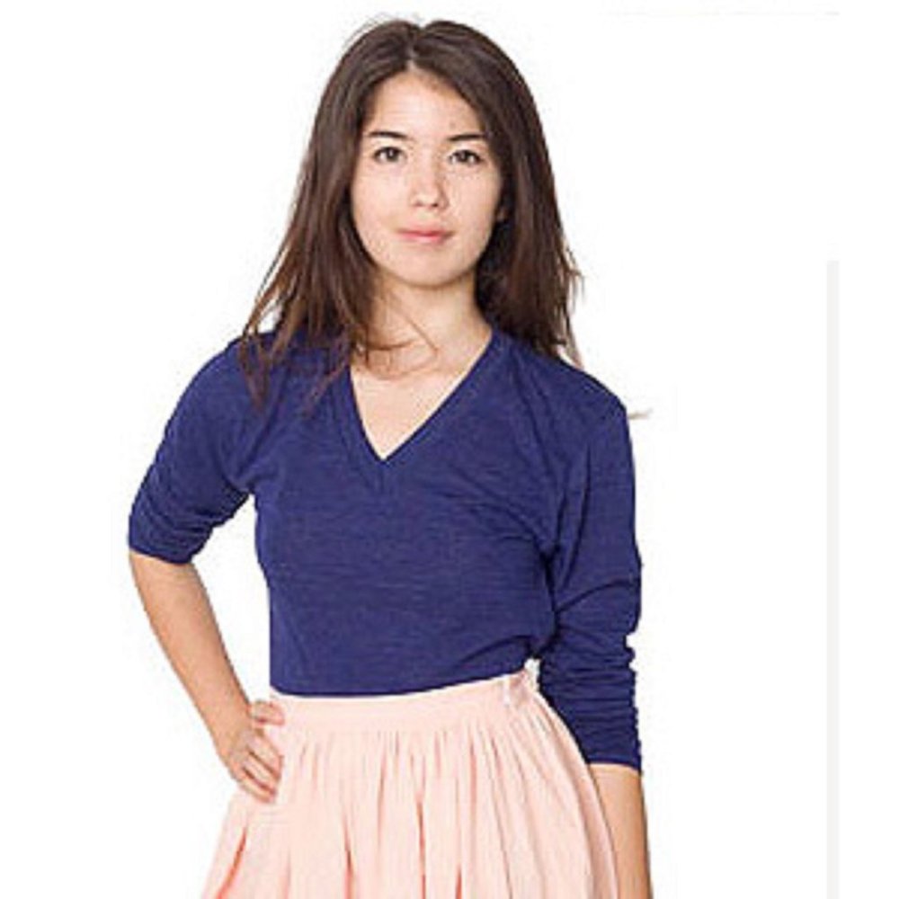 NWT American Apparel Tri-Blend Long Sleeve V-Neck Shirt Mens XXS Womens XS Blue